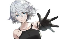 Rule 34 | 1girl, android, armlet, black gloves, black tank top, blue eyes, closed mouth, collarbone, elbow gloves, eyes visible through hair, gloves, joints, mole, mole under mouth, nier (series), nier:automata, robot joints, shaokao range, short hair, simple background, solo, tank top, white background, white hair, a2 (nier:automata)