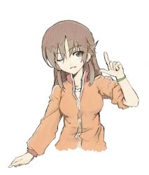 Rule 34 | 10s, 1girl, brown eyes, brown hair, index finger raised, kyouno madoka, one eye closed, rinne no lagrange, sleeves rolled up, solo, white background, yamasna, yurou (yamasna)