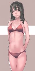 Rule 34 | 1girl, arms behind back, bikini, black eyes, black hair, breasts, brown background, closed mouth, commentary request, cowboy shot, highres, looking at viewer, medium breasts, medium hair, navel, original, red bikini, skindentation, smile, solo, standing, string bikini, swimsuit, takeda sun