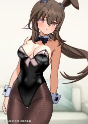 Rule 34 | 1girl, admire vega (umamusume), animal ears, black bow, black bowtie, black leotard, black pantyhose, borrowed character, bow, bowtie, breasts, brown hair, cleavage, collarbone, couch, covered navel, cowboy shot, dated, detached collar, fishnet pantyhose, fishnets, hair ribbon, highres, horse ears, horse girl, horse tail, kamu kamu, leotard, long hair, low ponytail, medium breasts, nontraditional playboy bunny, pantyhose, ponytail, rabbit tail, ribbon, solo, strapless, strapless leotard, tail, thigh gap, umamusume, wrist cuffs