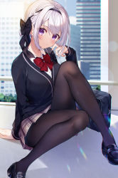 Rule 34 | 1girl, bag, black footwear, black hairband, black jacket, black pantyhose, blurry, blurry background, blush, bow, bowtie, braid, closed mouth, collared shirt, commentary request, hair bow, hairband, highres, jacket, kisaragi yuri, long sleeves, looking at viewer, original, pantyhose, plaid, plaid skirt, pleated skirt, purple eyes, red bow, red neckwear, resolution mismatch, school bag, school uniform, shirt, sitting, skirt, smile, source smaller, thighband pantyhose, white hair, white shirt