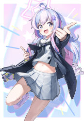 Rule 34 | 1girl, absurdres, ahoge, backpack, bag, black jacket, black neckerchief, blue archive, blush, border, foot out of frame, grey serafuku, grey skirt, hair ornament, halo, highres, jacket, korean commentary, long hair, long sleeves, looking at viewer, mixed-language commentary, multicolored hair, neckerchief, open clothes, open jacket, open mouth, pink footwear, pink hair, pink halo, pink socks, pleated skirt, purple eyes, purple hair, reisa (blue archive), sailor collar, school uniform, serafuku, shoes, skirt, smile, socks, solo, star (symbol), star hair ornament, striped clothes, striped socks, twintails, ujuro, white border, white sailor collar