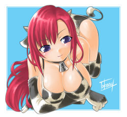 Rule 34 | 1girl, animal print, bell, bikini, blue eyes, blush, breasts, cleavage, cow girl, cow print, cow tail, cowbell, gloves, highres, horns, huge breasts, long hair, new year, original, red hair, smile, solo, swimsuit, tail, takeoutservice
