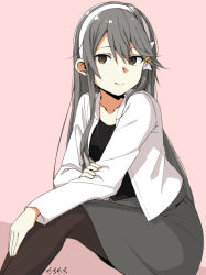 Rule 34 | 1girl, alternate costume, artist name, black jacket, black pantyhose, brown eyes, feet out of frame, grey hair, grey skirt, hair between eyes, hair ornament, hairband, hairclip, haruna (kancolle), jacket, kantai collection, long hair, looking at viewer, moti coi, one-hour drawing challenge, pantyhose, pink background, simple background, sitting, skirt, smile, solo, white hairband, white jacket