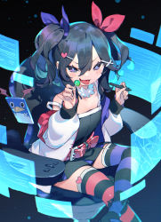 Rule 34 | 1girl, :d, asagiri asagi, asymmetrical legwear, bare shoulders, belt, belt buckle, black dress, black hair, blush, buckle, bukurote, candy, cellphone, commentary request, crossed legs, developer asagi, disgaea, dress, fang, feet out of frame, food, hair between eyes, hair ornament, hair ribbon, hairclip, hands up, heart, heart hair ornament, highres, holding, holding food, holding stylus, holographic interface, jacket, lollipop, long sleeves, looking at viewer, mismatched legwear, open clothes, open jacket, open mouth, phone, prinny, puffy long sleeves, puffy sleeves, purple eyes, purple ribbon, red belt, red ribbon, ribbon, sitting, sleeveless, sleeveless dress, sleeves past wrists, smile, solo, strap slip, striped clothes, striped thighhighs, stylus, thighhighs, tongue, tongue out, twintails, white jacket