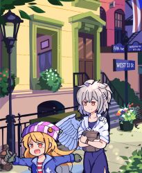 Rule 34 | 2girls, bag, black gloves, blonde hair, blue jacket, blush, buna shimeji (keymush), closed mouth, clownpiece, dress, fairy, fairy wings, feathered wings, gloves, hair between eyes, hat, holding, jacket, kishin sagume, long hair, long sleeves, multiple girls, new york city, open clothes, open jacket, open mouth, orange eyes, paper bag, purple dress, short hair, single wing, smile, striped clothes, striped headwear, touhou, vertical-striped clothes, vertical-striped headwear, watch, white hair, white jacket, white wings, wings, wristwatch