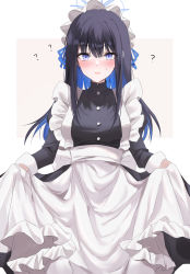 Rule 34 | 1girl, ?, alternate costume, apron, black hair, blue archive, blue eyes, blunt bangs, blush, commentary request, embarrassed, enmaided, eyes visible through hair, hair between eyes, halo, highres, kinona, long hair, long sleeves, looking at viewer, maid, maid apron, maid headdress, multicolored hair, parted lips, saori (blue archive), sidelocks, simple background, solo, two-tone background, two-tone hair
