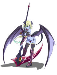 Rule 34 | 1girl, armor, armored boots, black sclera, blonde hair, blue skin, blush, boots, collar, colored sclera, colored skin, demon girl, demon horns, demon tail, demon wings, full body, green eyes, h-new, holding, holding weapon, horns, knee boots, original, purple footwear, scythe, smile, solo, tail, weapon, wings
