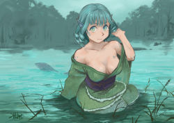 Rule 34 | 1girl, absurdres, aqua eyes, aqua hair, aqua theme, bad id, bad pixiv id, bare shoulders, blue theme, breasts, button gap, cleavage, closed mouth, collarbone, commentary request, drill hair, eyebrows hidden by hair, fins, green kimono, hand up, head fins, highres, japanese clothes, kimono, looking at viewer, medium breasts, mermaid, misohagi, misty lake, monster girl, obi, off shoulder, overcast, partially submerged, sash, scales, short hair, sky, smile, solo, touhou, wakasagihime