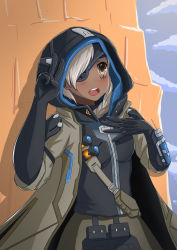 Rule 34 | 1girl, ana (overwatch), braid, dark-skinned female, dark skin, day, eyepatch, facial tattoo, garry virgustry, grey hair, hand on own chest, headband, hijab, hood, open mouth, outdoors, overwatch, overwatch 1, ponytail, revision, solo, tattoo, v