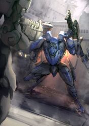 Rule 34 | armored core, armored core 6, commentary request, fire, firing, full body, gun, highres, holding, holding gun, holding weapon, huge weapon, itaco, mecha, mecha focus, mechanical parts, missile pod, no humans, outdoors, reverse-jointed legs, robot, science fiction, smoke, sparks, v.iv rusty, weapon, wolf print