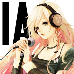 Rule 34 | 1girl, ahoge, bad id, bad pixiv id, bare shoulders, blonde hair, blue eyes, braid, character name, choker, headphones, highres, ia (vocaloid), long hair, long sleeves, looking at viewer, microphone stand, nao (moronax), off shoulder, open mouth, pink hair, pink lips, solo, vocaloid, white background, white hair