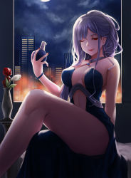 Rule 34 | 1girl, absurdres, ak-12 (girls&#039; frontline), ak-12 (quiet azure) (girls&#039; frontline), arm behind back, arms behind back, bad id, bad pixiv id, bare shoulders, blue dress, bottle, bracelet, breasts, building, cleavage, closed mouth, clothing cutout, cloud, cocktail dress, commentary request, crossed legs, dress, earrings, eyelashes, flower, girls&#039; frontline, hair up, highres, holding, holding bottle, jewelry, kibellin, korean commentary, large breasts, leaning back, looking at viewer, midriff, moon, nail polish, navel, navel cutout, night, night sky, official alternate costume, one eye closed, perfume bottle, red eyes, red nails, rose, sidelocks, silver hair, sitting, sky, smile, thighs, vase, window
