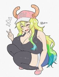 Rule 34 | 1girl, bare shoulders, baseball cap, blonde hair, blue hair, blush, breast press, breasts, cleavage, collarbone, curvy, denim, denim shorts, dragon girl, dragon horns, closed eyes, gradient hair, green hair, hat, highres, horns, huge breasts, kobayashi-san chi no maidragon, long hair, lucoa (maidragon), multicolored hair, shoes, shorts, smile, sneakers, solo, squatting, tank top, thick thighs, thighhighs, thighs, v, white background, young savage