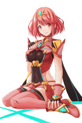 Rule 34 | 1girl, bare back, bracer, breasts, cliff, closed mouth, cloud, cloudy sky, commentary, english commentary, fingernails, foot dangle, from side, giant tree, highres, large breasts, nintendo, pink thighhighs, profile, pyra (xenoblade), red eyes, red hair, red shorts, red thighhighs, redpoke, short hair, short shorts, shorts, sitting, sky, solo, swept bangs, thighhighs, thighs, tiara, tree, white background, xenoblade chronicles (series), xenoblade chronicles 2