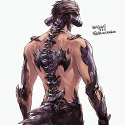 Rule 34 | 1boy, arms at sides, artist name, au ra, black hair, black pants, cowboy shot, dated, dragon boy, dragon horns, dragon tail, facing away, final fantasy, final fantasy xiv, from behind, horns, male focus, pants, scales, short hair, signature, simple background, solo, standing, tail, toned, toned male, topless male, uroko (mnr), warrior of light (ff14), white background