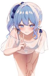 Rule 34 | 1girl, bikini, blue bikini, blue eyes, blue hair, blush, bow, breasts, collarbone, commentary, hair bow, highres, hololive, hoshimachi suisei, kohaku (csacu), leaning forward, looking at viewer, medium hair, see-through, side ponytail, simple background, small breasts, smile, solo, star (symbol), star in eye, swimsuit, symbol-only commentary, symbol in eye, thigh gap, v, virtual youtuber, white background