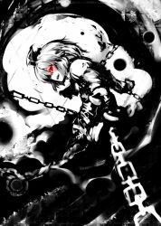Rule 34 | 1girl, ascot, chain, chained, embodiment of scarlet devil, female focus, greyscale, hair ribbon, monochrome, open mouth, red eyes, ribbon, rumia, short hair, smirk, solo, soubi, spot color, touhou