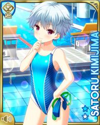 Rule 34 | 1girl, blue one-piece swimsuit, card (medium), character name, closed mouth, competition swimsuit, covered navel, day, girlfriend (kari), indoor pool, indoors, kimijima satoru, looking at viewer, official art, one-piece swimsuit, purple eyes, qp:flapper, short hair, smile, standing, swimsuit, tagme, white hair