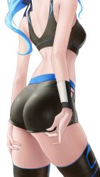 Rule 34 | 1girl, absurdres, adjusting clothes, adjusting shorts, ass, ass focus, black shorts, black sports bra, black thighhighs, blue hair, blue nails, blue ribbon, breasts, commentary request, fingernails, from side, hair ribbon, hand on own thigh, head out of frame, highres, hololive, hoshimachi suisei, long hair, medium breasts, nail polish, panties, panty peek, pantylines, ribbon, short shorts, shorts, side-tie panties, side slit, simple background, solo, somebody (leiking00), sports bra, sweat, sweatband, sweatdrop, thighhighs, underwear, very sweaty, virtual youtuber, white background, wristband