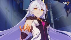 Rule 34 | 1girl, breasts, closed mouth, copyright name, crosshair pupils, evil smile, fur collar, fur trim, gloves, hair between eyes, hair ornament, highres, honkai (series), honkai impact 3rd, kiana kaslana, kiana kaslana (herrscher of the void), logo, long hair, medium breasts, multicolored clothes, multicolored gloves, official art, second-party source, smile, solo, symbol-shaped pupils, upper body, white hair, yellow eyes