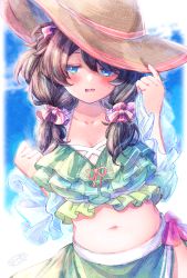 Rule 34 | 1girl, bikini, black hair, blue eyes, blush, breasts, brown hat, cleavage, commentary request, day, fang, green bikini, hair between eyes, hair ornament, hair scrunchie, hands up, hat, highres, ittokyu, long sleeves, low twintails, medium breasts, navel, original, parted lips, pink scrunchie, scrunchie, see-through, see-through sleeves, signature, sleeves past wrists, sun hat, sweat, swimsuit, twintails, wavy mouth