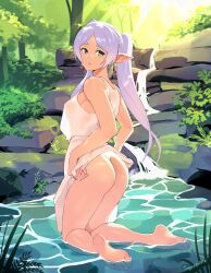 Rule 34 | 1girl, artist name, ass, barefoot, elf, forest, frieren, green eyes, highres, kneeling, long hair, looking at viewer, nature, outdoors, partially submerged, pointy ears, soles, solo, sousou no frieren, squeezable (squeezabledraws), toes, twintails