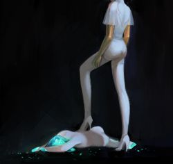 Rule 34 | 2others, amputee, androgynous, arms at sides, black background, dual persona, gem, golden arms, green hair, high heels, highres, houseki no kuni, missing limb, multiple others, mydeerwitch, nude, out of frame, phosphophyllite, phosphophyllite (ll), see-through, short hair, spoilers, standing, stepped on