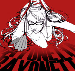 Rule 34 | 1girl, bayonetta, bayonetta (series), bayonetta 1, black hair, breasts, chain, glasses, gloves, mole, red background, solo, tongue