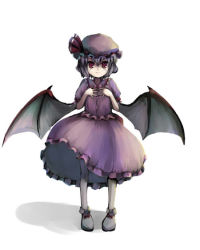 Rule 34 | 1girl, bat wings, bow, female focus, full body, gatau, hands on own chest, hat, hat bow, looking at viewer, pink hair, red eyes, remilia scarlet, shirt, short hair, simple background, skirt, skirt set, slippers, smile, solo, standing, straight hair, touhou, white background, wings
