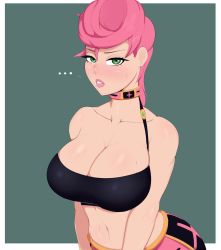 Rule 34 | ..., 1girl, bare shoulders, blush, breasts, choker, cleavage, collarbone, g3mma, green eyes, highres, jojo no kimyou na bouken, large breasts, lipstick, looking at viewer, makeup, midriff, navel, parted lips, pink hair, pink lips, simple background, solo, strapless, sweat, trish una, tube top