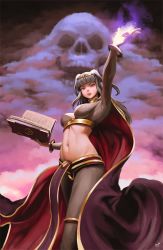 Rule 34 | 1girl, armpits, black hair, book, breasts, bridal gauntlets, cape, cleavage, cloud, dark clouds, fire emblem, fire emblem awakening, glowing, glowing hand, highres, looking at viewer, magic, mynare, navel, nintendo, pantyhose, pelvic curtain, skull, solo, stomach, tharja (fire emblem), twintails
