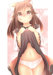Rule 34 | 1girl, absurdres, akatsuki no guuru, animal ears, bad id, bad pixiv id, blush, brooch, brown hair, clothes lift, dress, dress lift, highres, imaizumi kagerou, jewelry, looking at viewer, navel, panties, red eyes, solo, touhou, underwear, wolf ears