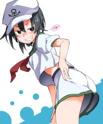 Rule 34 | 1girl, anchor symbol, ass, black hair, blush, breasts, commentary request, cowboy shot, furorina, green sailor collar, grey eyes, grin, hair between eyes, hat, leaning forward, looking at viewer, medium breasts, midriff, murasa minamitsu, neckerchief, nose blush, puffy short sleeves, puffy sleeves, red neckerchief, sailor collar, sailor hat, sailor shirt, shirt, short hair, short sleeves, shorts, simple background, smile, solo, standing, sweat, thighs, touhou, white background, white hat, white shirt, white shorts