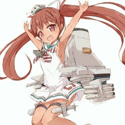 Rule 34 | 1girl, alchera, brown eyes, brown hair, commentary request, dark-skinned female, dark skin, dress, fang, hat, kantai collection, libeccio (kancolle), long hair, looking at viewer, machinery, mini hat, neckerchief, open mouth, outstretched arms, sailor collar, sailor dress, simple background, sleeveless, sleeveless dress, smile, smokestack, solo, striped neckerchief, striped neckwear, torpedo launcher, twintails, white background, white sailor collar