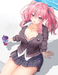 Rule 34 | 1girl, :d, animal print, arm support, azur lane, black cardigan, black skirt, blush, bra, bra peek, breasts, bremerton (azur lane), bubble tea, cardigan, cleavage, collarbone, collared shirt, commentary request, cowboy shot, cup, disposable cup, drinking straw, ear piercing, from above, grey hair, hair between eyes, hair intakes, hair tie, highres, holding, holding cup, jewelry, large breasts, leopard print, light rays, long hair, looking at viewer, miniskirt, mole, mole on breast, multicolored hair, nao (naobinarydigit), necklace, open mouth, piercing, pink bra, pink eyes, pink hair, pleated skirt, school uniform, shadow, shirt, sidelocks, sitting, skirt, sleeves rolled up, smile, solo, streaked hair, sunbeam, sunlight, teeth, twintails, two-tone hair, underwear, upper teeth only, water, white shirt