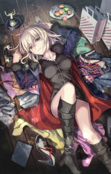 Rule 34 | 1girl, black dress, black footwear, blue coat, boots, breasts, coat, collarbone, dai-xt, dress, fate/grand order, fate (series), from above, fur coat, head tilt, highres, indoors, jeanne d&#039;arc (fate), jeanne d&#039;arc alter (avenger) (fate), jeanne d&#039;arc alter (fate), jewelry, knee boots, looking at viewer, lying, medium breasts, necklace, on back, open clothes, open coat, parted lips, short dress, short hair, silver hair, sleeveless, sleeveless dress, solo, wooden floor, yellow eyes