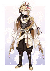 Rule 34 | 1boy, adapted costume, aether (genshin impact), ar (rikuesuto), black footwear, blonde hair, boots, braid, closed mouth, earrings, flower, fox mask, full body, genshin impact, hair between eyes, hand on own hip, japanese clothes, jewelry, knee boots, long hair, male focus, mask, mask on head, petals, simple background, single braid, single earring, solo, standing, twitter username, wide sleeves, yellow eyes