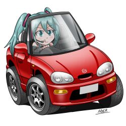 Rule 34 | 1girl, artist name, blue eyes, blue hair, car, convertible, detached sleeves, driving, grey shirt, hatsune miku, highres, licking lips, motor vehicle, noerartworks, red car, shadow, shirt, simple background, sleeveless, sleeveless shirt, solo, steering wheel, suzuki (company), suzuki cappuccino, tongue, tongue out, twintails, vehicle focus, vocaloid, white background