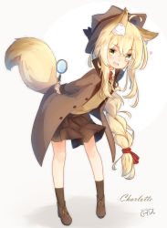 Rule 34 | 1girl, :d, absurdres, animal ear fluff, animal ears, blonde hair, braid, brown coat, brown footwear, brown hat, brown skirt, character name, coat, commentary request, coreytaiyo, detective, full body, hair ribbon, hat, hat ribbon, heart, highres, jewelry, leaning forward, long hair, magnifying glass, monocle, open mouth, original, pendant, pleated skirt, ribbon, shirt, signature, single braid, skirt, smile, solo, sweater, tail, very long hair, yellow eyes