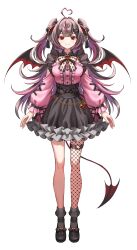 Rule 34 | 1girl, absurdres, ahoge, artist request, asymmetrical legwear, boots, breasts, brown hair, character request, demon wings, detached sleeves, dress, fishnet pantyhose, fishnets, full body, gothic lolita, heart, heart ahoge, highres, large breasts, lolita fashion, long hair, pantyhose, red eyes, shoes, skirt, smile, tagme, tail, white background, wings