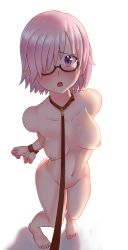 Rule 34 | absurdres, arms behind back, bdsm, black-framed eyewear, bondage, bound, bound wrists, breasts, clenched hands, collar, collarbone, completely nude, fate/grand order, fate (series), full body, glasses, hair over one eye, highres, lattetrouble, leash, looking at viewer, mash kyrielight, navel, nipples, nude, open mouth, pet play, pink hair, purple eyes, rope, semi-rimless eyewear, short hair, simple background, standing, under-rim eyewear, white background