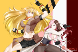Rule 34 | &gt;:d, 2girls, ahoge, angry, arm up, battle, belt, bike shorts, black gloves, blonde hair, breasts, brown eyes, brown hair, cleavage, clenched hand, clenched teeth, concealed weapon, corset, ember celica (rwby), female focus, fingerless gloves, floating hair, gloves, grin, hair between eyes, heterochromia, highres, kimmy77, large breasts, long hair, looking at another, midriff, multicolored background, multicolored hair, multiple girls, naughty face, navel, neo politan, patreon username, pink eyes, pink hair, pouch, red eyes, rwby, scarf, smile, smirk, split-color hair, sword cane, teeth, thighs, umbrella, v-shaped eyebrows, very long hair, watermark, web address, yang xiao long