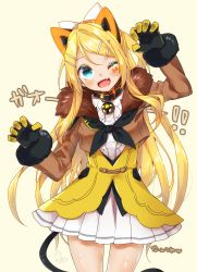 Rule 34 | 1girl, aged up, alternate costume, alternate hair length, alternate hairstyle, amane (amnk1213), animal ears, bell, belt collar, blonde hair, blue eyes, cat ears, cat tail, claw pose, collar, cowboy shot, cropped jacket, dated, dress, facial mark, fake animal ears, fang, fur trim, future style (module), hair between eyes, head tilt, highres, jacket, kagamine rin, kemonomimi mode, long hair, looking at viewer, magical mirai rin, miniskirt, neck bell, neckerchief, one eye closed, simple background, skin fang, skirt, smile, solo, tail, tan background, thighs, vocaloid, white dress, white skirt