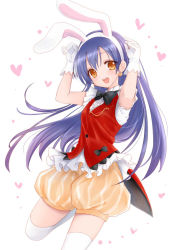 Rule 34 | 1girl, animal ears, artist request, black ribbon, blue hair, commentary request, cowboy shot, earrings, gloves, hair between eyes, heart, jewelry, korekara no someday, leg up, long hair, looking at viewer, love live!, love live! school idol project, neck ribbon, open mouth, puffy shorts, rabbit ears, rabbit pose, ribbon, shorts, simple background, solo, sonoda umi, thighhighs, white background, white gloves, white thighhighs, yellow eyes, zettai ryouiki