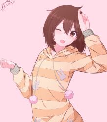 Rule 34 | 1girl, :d, absurdres, animal print, artist logo, artist name, bob cut, breasts, brown eyes, brown hair, clenched hand, commentary, curled fingers, drawstring, english commentary, hair between eyes, hand to head, hands up, highres, hirasawa yui, hood, hood down, k-on!, kurumimi birb, long sleeves, messy hair, one eye closed, open mouth, pajamas, pom pom (clothes), rabbit print, short hair, signature, simple background, small breasts, smile, solo, striped clothes, striped pajamas, upper body