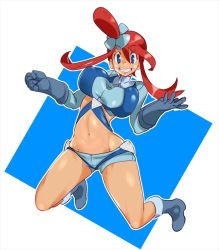 10s 1girl blue_eyes breasts cleavage creatures_(company) full_body game_freak grin gym_leader hair_ornament large_breasts long_hair looking_at_viewer midriff navel nintendo pokemon pokemon_bw red_hair skyla_(pokemon) smile solo zaitsu