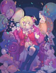 Rule 34 | 1girl, :3, :q, ace (playing card), ace of spades, armchair, asymmetrical legwear, balloon, black thighhighs, blonde hair, blush, bow, bowtie, brown shorts, card, chair, confetti, cupcake, don quixote (project moon), food, food on face, highres, jack (playing card), jack of spades, jacket, limbus company, liyln02617464, looking at viewer, mushroom, pink bow, pink bowtie, pink jacket, playing card, project moon, seven of hearts, shorts, single sock, single thighhigh, sitting, socks, solo, spade (shape), sticker, stuffed animal, stuffed toy, teddy bear, thigh strap, thighhighs, three of spades, tongue, tongue out, two of hearts, uneven legwear, yellow eyes