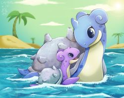 Rule 34 | alternate color, character name, commentary, creature, creatures (company), day, english commentary, game freak, gen 1 pokemon, highres, lapras, nintendo, no humans, outdoors, palm tree, pokedex number, pokemon, pokemon (creature), shiny and normal, shiny pokemon, tree, twime777