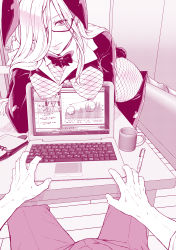Rule 34 | 1boy, 1girl, absurdres, animal ears, bent over, blush, breasts, computer, fake animal ears, glasses, hair over one eye, hanging breasts, hetero, highres, indoors, laptop, large breasts, leotard, long hair, long sleeves, looking at viewer, meme attire, monochrome, nipples, original, playboy bunny, pov, rabbit ears, revealing clothes, reverse bunnysuit, reverse outfit, sitting, smile, tasuku13719413